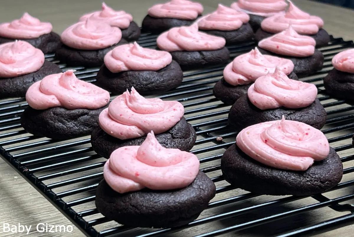 Chocolate Strawberry Cookies on Cooling Rack