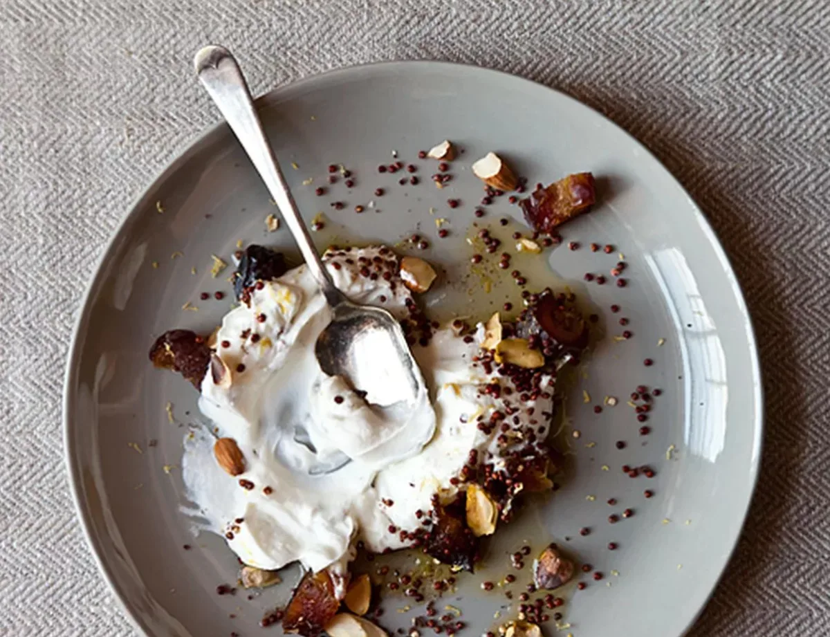 Yogurt with Toasted Quinoa, Dates, and Almonds