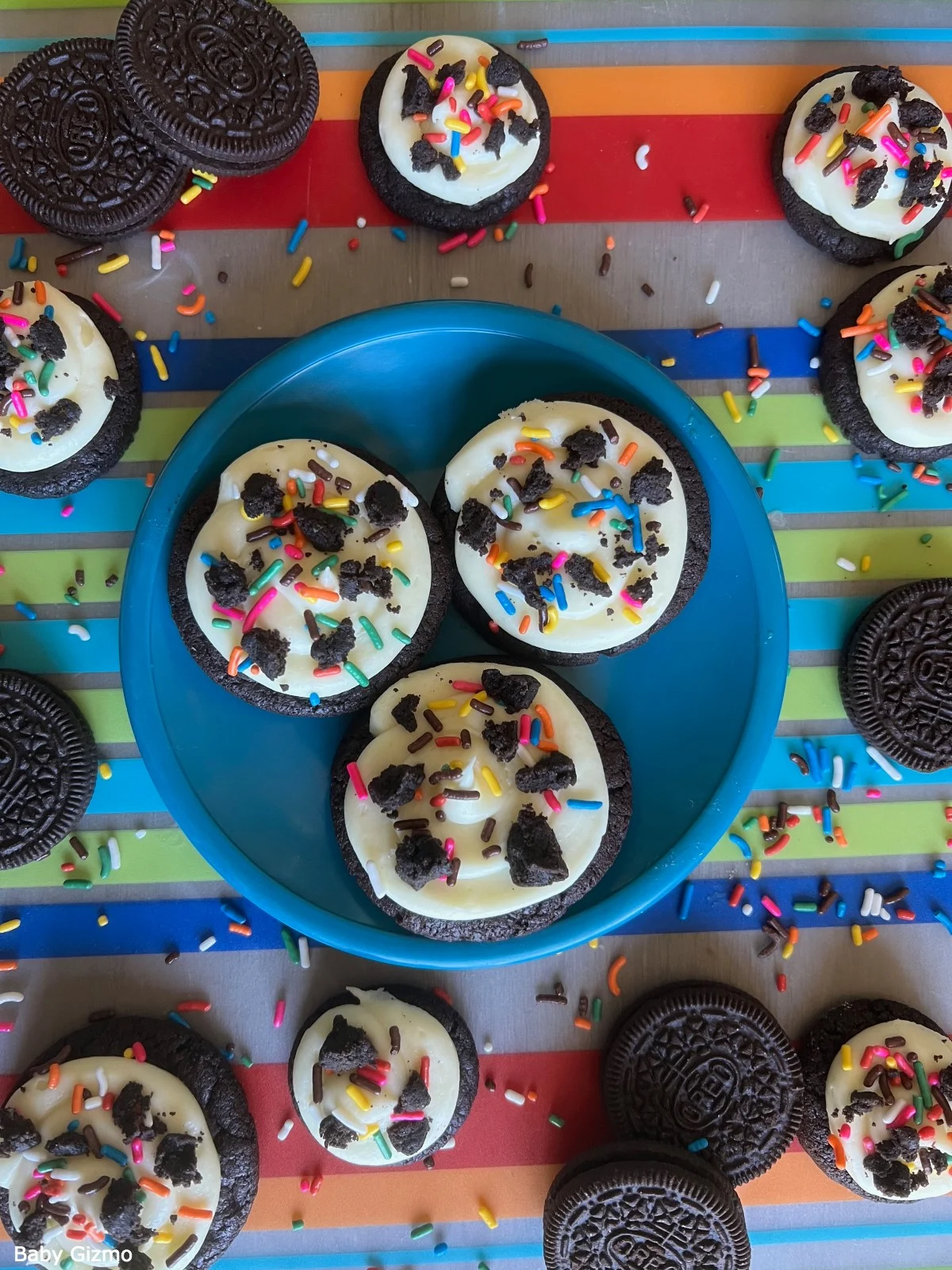 Crumbl Birthday Cake Oreo Cookies on Mat