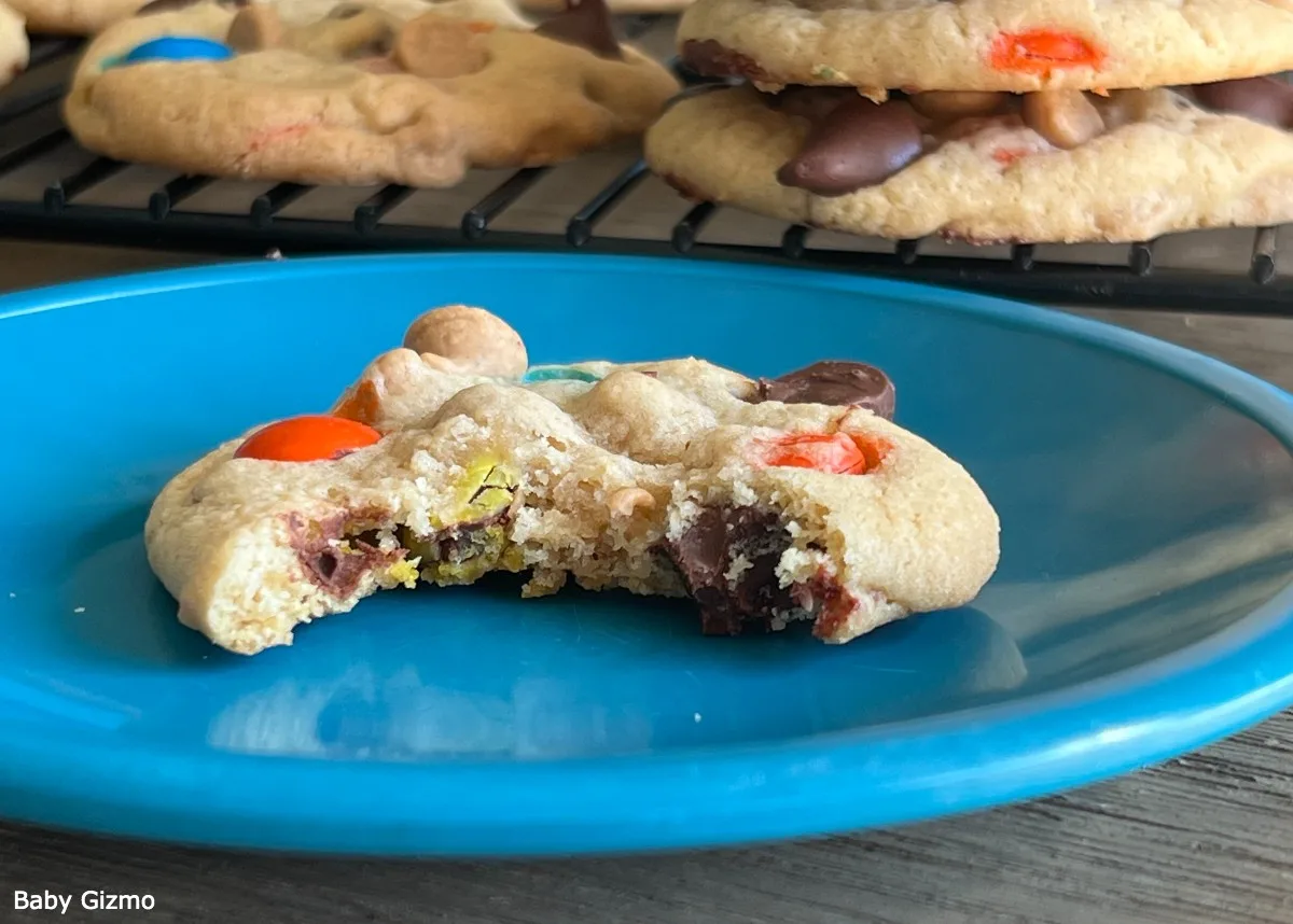 Crumbl Monster Cookie on Blue Plate