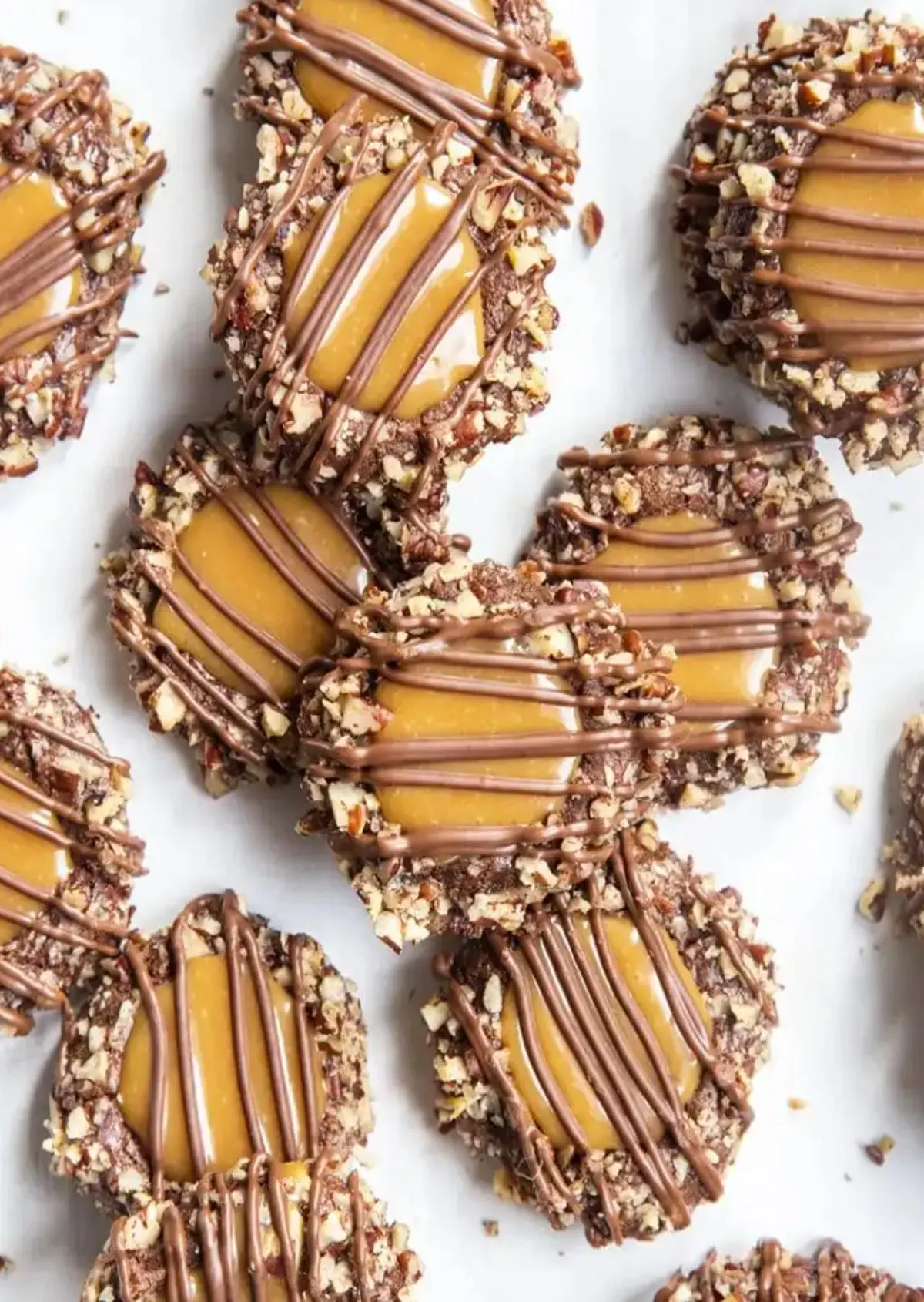 Chocolate Turtle Thumbprint Cookies